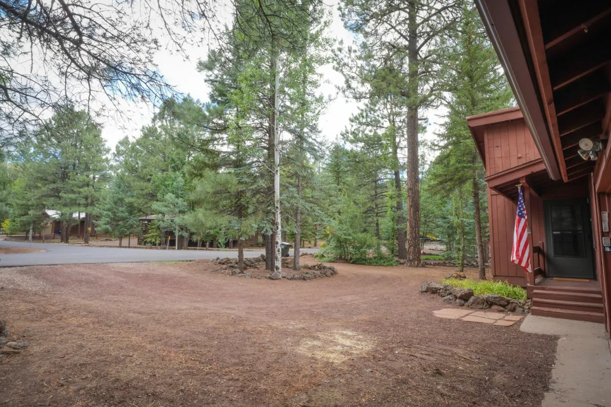 A welcoming front porch adorned with the American flag, surrounded by tall trees. The scene is tranquil, hinting at relaxation and the start or end of outdoor adventures. The porch looks perfect for morning coffee or post-exploration unwinding with family.